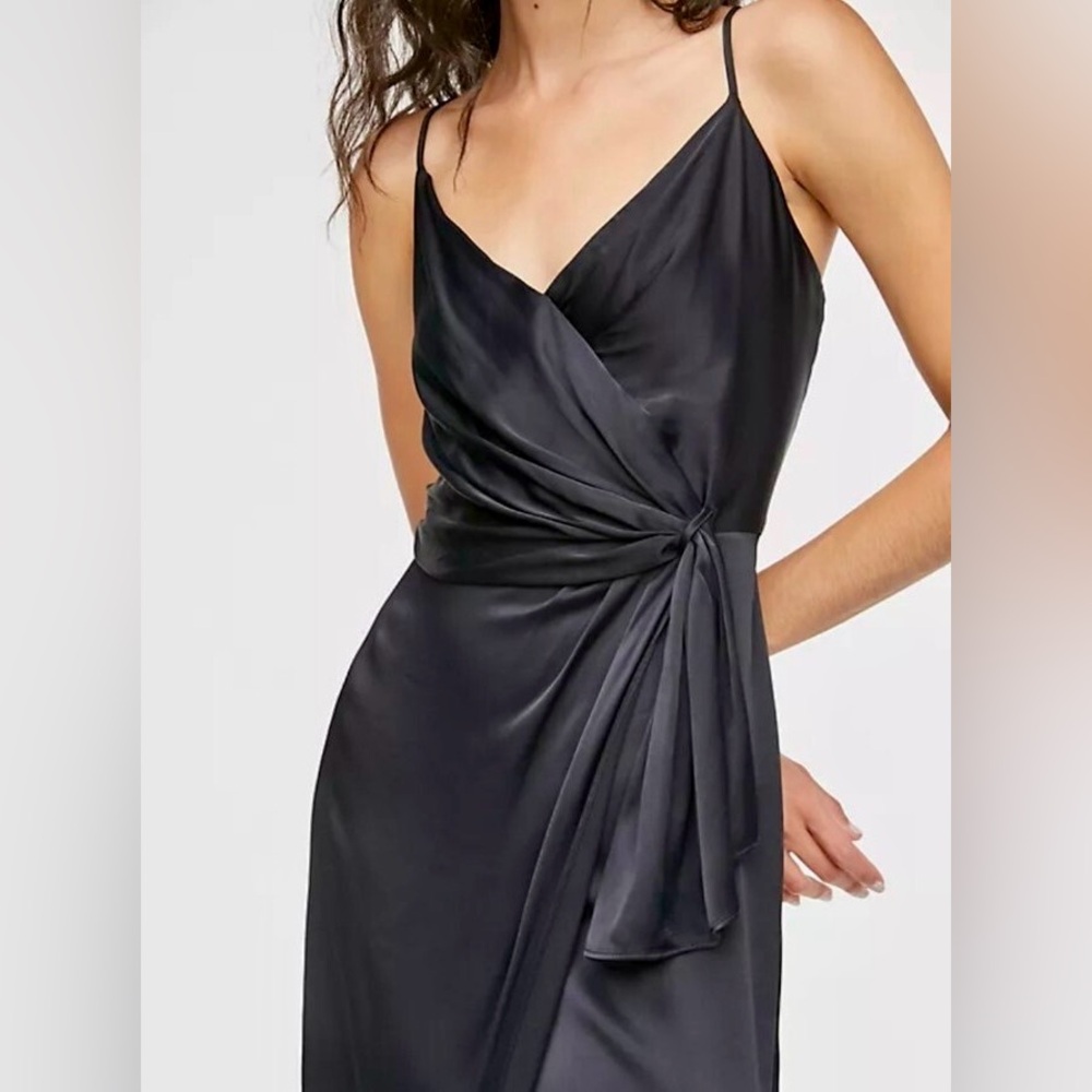Anthropologie Black Giverny Satin Faux Wrap Midi Slip Dress Size 4